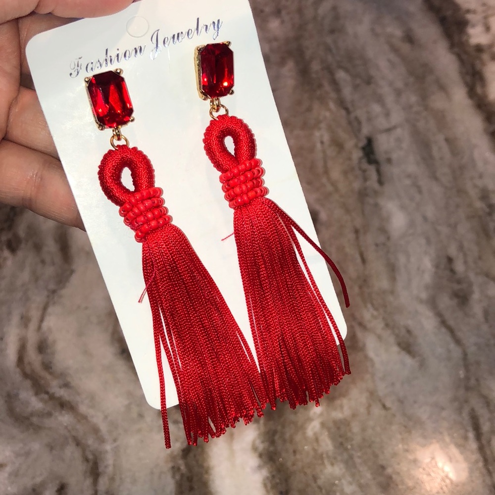 Red Gemstone Tassel Earrings